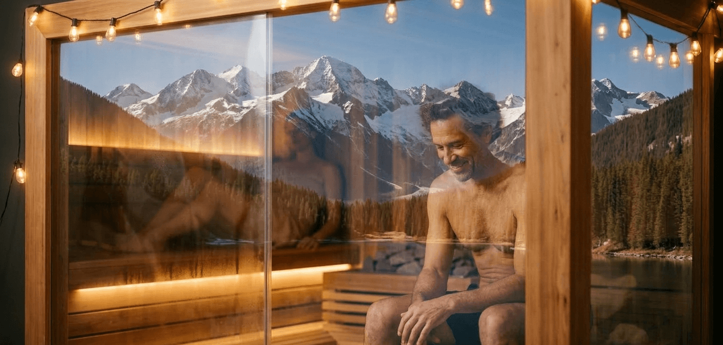 Guests relaxing in a sauna with mountain views.